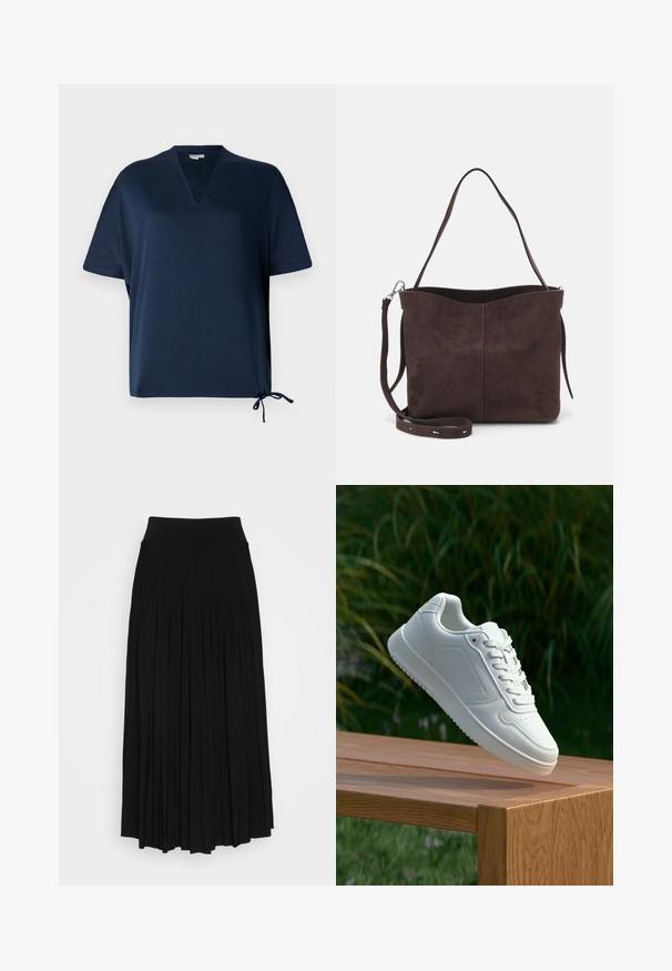 Granatowa bluzka krótki rękaw o dekolcie w serek, luźny krój, boczne rozcięcia oraz regulowane sznurki na dole. Gładka tekstura materiału.; Czarna plisowana spódnica z wysokim, elastycznym pasem. Wykonana z miękkiego materiału, z pionowymi plisami, które tworzą zwiewny kształt.; Biały sneaker z gładką syntetyczną cholewą, perforowanym noskiem, płaskimi sznurowadłami i teksturowaną podeszwą, wyeksponowany na drewnianej powierzchni.; Brązowa surowa torba na ramię o miękkiej fakturze, z pojedynczym paskiem na ramię i subtelnym, zakrzywionym otwarciem u góry. Brak widocznych detali metalowych.