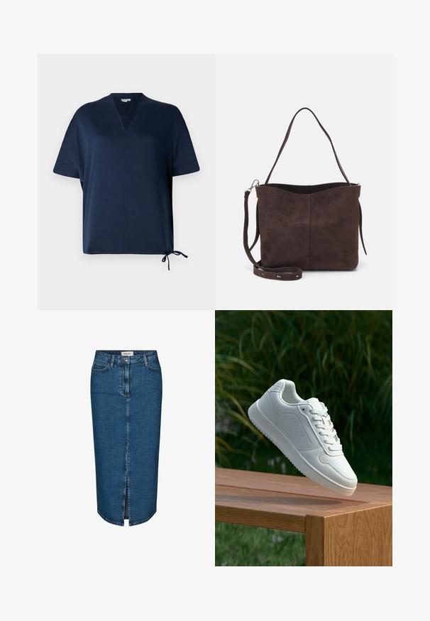 Tamsiai mėlyna trumpomis rankovėmis palaidinė su V formos iškirpte, laisvu siluetu, šoninėmis plyšiais ir reguliuojamu raišteliu apatinėje dalyje. Minkšta audinio tekstūra.; Tamsiai mėlyna džinsinė pieštuko sijonas, turintis priekį įpjovą, penkis kišenes ir kontrastingą siuvimą. Vidutinio aukščio liemuo su klasikiniu dizainu.; Balti sneakeriai su lygia sintetine viršutine dalimi, perforuota pirštų zona, plokščiomis raištelėmis ir tekstūruotu padu, padėti ant medinės paviršiaus.; Ruda suede audinė su minkšta tekstūra, turinti vieną petį ir subtilų kreivinį viršutinį atidarymą. Matomų metalinių detalių nėra.