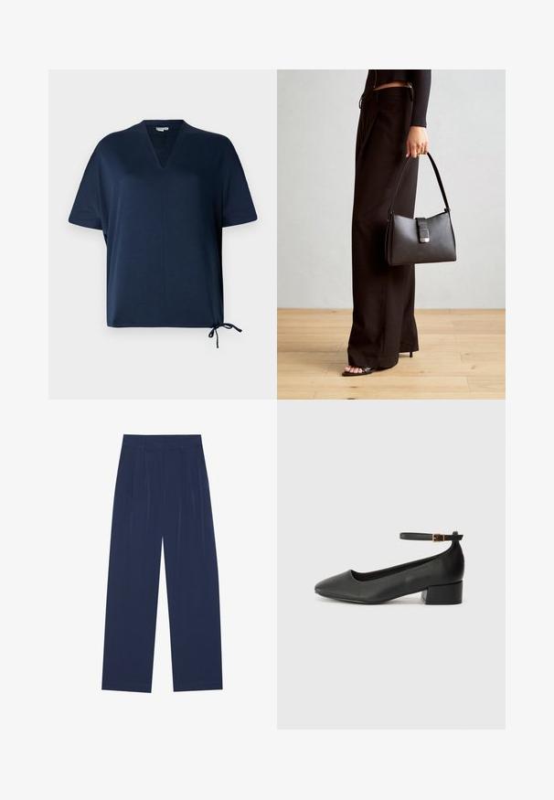 Námornícke modré tričko s krátkym rukávom, s výstrihom do V, vo voľnom strihu, s bočnými rozparkami a nastaviteľným sťahovacím detailom na leme. Hladká textúra látky.; Námornícky modré nohavice s širokými nohavicami vyrobené z mäkkej tkaniny, s prednými skladmi, hladkou štruktúrou a rovnými siluetami bez viditeľných vreciek.; Čierne kožené lodičky s špicatou špičkou a nízkym blokovým podpätkom. Obsahuje remienok okolo členka so zlatým prackou. Hladký povrch.; Čierna kabelka so štruktúrovaným tvarom, hladkou textúrou a kovovou sponou. V kombinácii so širokými čiernymi nohavicami a sandálmi s otvorenou špičkou na drevenej podlahe.