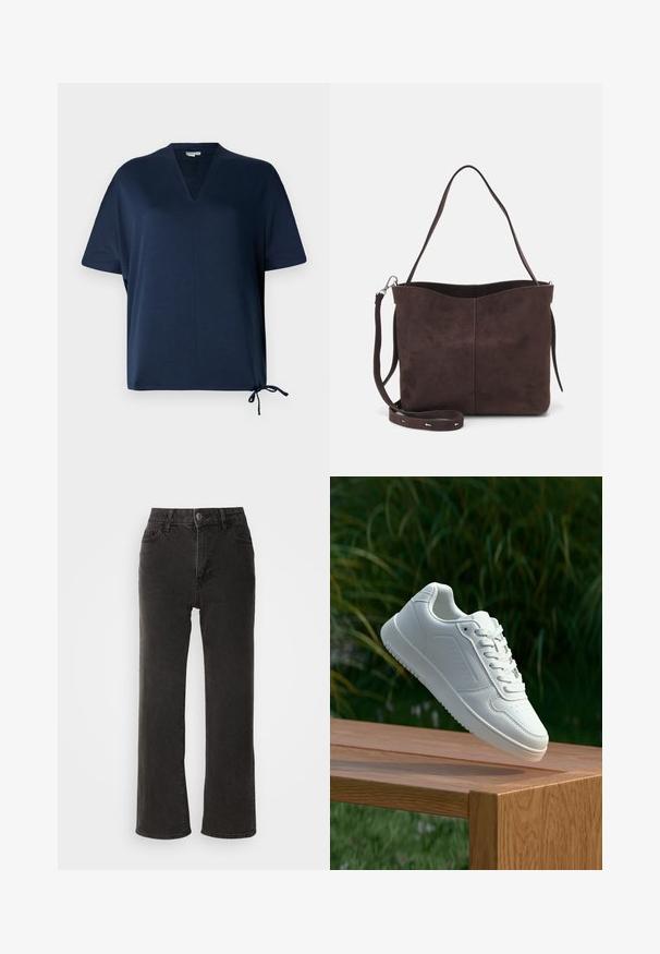 Navy blue short-sleeve top with a V-neck, loose fit, side slits, and adjustable drawstring detail at the hem. Smooth fabric texture.; Black wide-leg jeans made of denim, featuring a front button closure, belt loops, and five pockets with a slightly faded texture.; White sneaker with a smooth synthetic upper, perforated toe box, flat laces, and a textured sole, displayed on a wooden surface.; Brown suede tote bag with a soft texture, featuring a single shoulder strap and a subtle curved top opening. No visible hardware details.