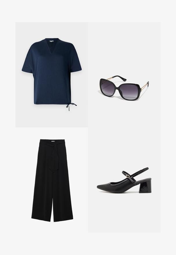 Tumši zilā krāsā topiņš ar īsām piedurknēm, V-veida kakla izgriezumu, brīvu piegriezumu, sānu šķēlumiem un regulējamu saiti apakšmalā. Gluda auduma tekstūra.; Melni platleņķa bikses ar teksturētu audumu, elastīgu jostu un noņemamu siksnu viduklī, kas nodrošina regulējamu piegulšanu.; Melns patentēts ādas sandales ar norādīta pirksta formu, noapaļotu izgriezuma dizainu un bloķētu papēdi. Iezīmēta ar zelta toņa sprādzi.; Melni pārmērīgi lieli saulesbrilles ar gradāciju lēcām, biezām rāmja malām un zeltainas krāsas ķēžu detaļām uz tempļiem.; Melnā somiņa ar strukturētu formu, gludu tekstūru un metālu sprādzi. Saskaņota ar platām melnām biksēm un sandālēm ar atvērtu purngalu uz koka grīdas.