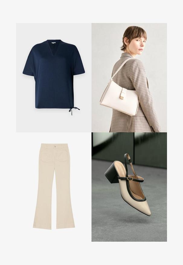 Sötétkék, rövidujjú felső V-nyakkal, laza fazonnal, oldalt hasítékokkal és állítható húzózsinórral az alján. Sima anyagtextúrát jellemez.; Beige bő szabású nadrág, magas derékkal, pamut anyagból készült. Elöl és hátul zsebek, övakasztók és egy ezüstgomb található rajta.; Beige, hegyes orrú, pántos cipő fekete díszítéssel, arany csattal és vastag blokk sarokkal, szürke padlón, sötétzöld háttér előtt.; Fehér bőr táska strukturált dizájnnal, mágneses záródással és vállpánttal, semleges háttér előtt bemutatva.