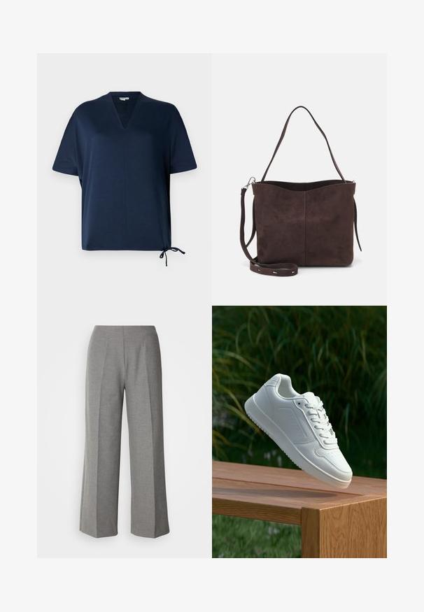 Top de manga corta azul marino con escote en V, corte holgado, aberturas laterales y detalle de cordón ajustable en el dobladillo. Textura de tela suave.; Pantalones de pierna ancha grises a medida con una textura suave, que presentan un frente plano y líneas de pliegue nítidas en cada pierna.; Zapatilla blanca con un upper sintético suave, caja de dedos perforada, cordones planos y una suela texturizada, exhibida sobre una superficie de madera.; Bolso tote de ante marrón con una textura suave, que presenta una sola correa para el hombro y una sutil apertura curva en la parte superior. Sin detalles de herrajes visibles.