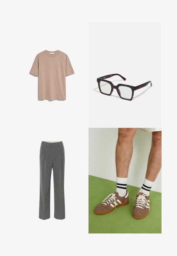 ARMEDANGELS TARJAA - T-Shirt basic - cinnamon dust; Graue pantalons mit feinen Streifen, maßgeschneidertem Schnitt, flachem Bund und weitem Bein. Aus einem glatten, leichten Stoff gefertigt.; Braune Wildleder-Sneaker mit weißen Akzenten und Schnürsenkeln. Gummisohle in Kautschuk-Optik. Getragen mit weißen Socken, die schwarze Streifen haben. Grüner strukturierter Fußboden.; Quadratische Sonnenbrillen mit einem Rahmen aus Schildpatt-Acetat und klaren Gläsern. Verfügt über breite Bügel und eine matte Oberfläche, die die Gesamtbeständigkeit erhöht.; Cremfarbene Leder-Schultertasche mit einer Halbmondform, dünnem Schulterriemen und subtilen Stichdetails. Minimalistisches Design mit goldfarbenen Hardware-Akzenten.