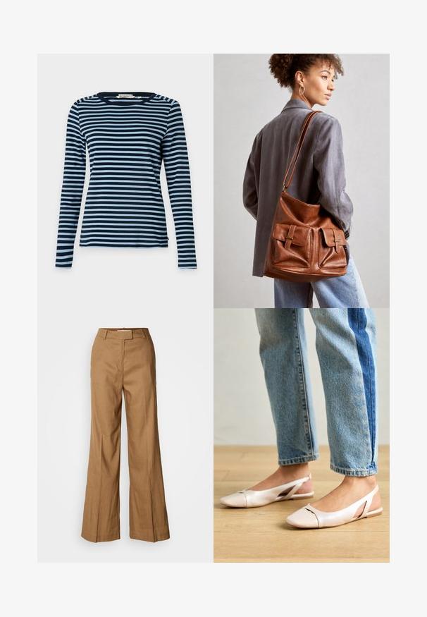 Långärmad skjorta i marinblå och ljusblå ränder med rundad halsringning. Tillverkad av mjukt material med regular fit och sidoklädesdetaljer.; Bruna vida byxor gjorda av lättviktigt material. Har en platt front, bälteshällor och en skräddarsydd silhuett med en ankellång längd.; Ljust rosa slingback-lägenheter med spetsig tå, tillverkade av ett slätt läderliknande material. Har utskurna detaljer på sidorna och en platt häl.; Brun läderhinkväska med två framfickor med spännen. Väskan har en slät yta och en justerbar rem.