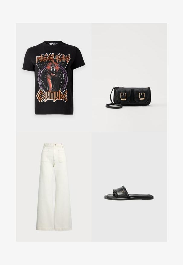 Juodas medvilnės marškinėliai su oranžinio tigro grafika ir ryškiu tekstu "VERSACE JEANS COUTURE" stilizuotu šriftu bei žaibo akcentais.; Plati kojinės džinsai of white denimo. Aukštas liemuo, su mygtuko uždarymu, dviem priekinėmis kišenėmis ir kontrastingai siuvinėjimu.; Juodos odinės šlepetės su pintais dirželių detalėmis, plokščiu padu ir elegantišku dizainu. Sklandži tekstūra ir minimalistiška forma.; Juodas odinis per petį nešiojamas krepšys su dviem priekiniais kišenėmis, auksiniais sagtimis, užtrauktuko uždarymu ir siauromis petnešomis. Textūruota paviršius ir kompaktiškas stačiakampis formatas.