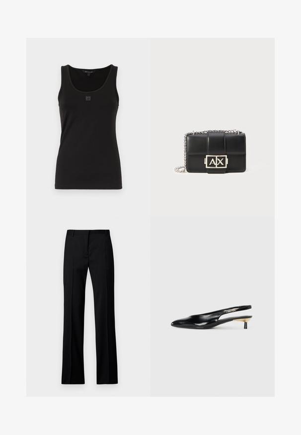 Črn top brez rokavov iz gladkega, raztegljivega materiala. Ima okroglo ovratnico in majhen logotip na sprednjem delu. Preprost, prilegajoč se dizajn.; Črne hlače ravnega kroja iz gladkega materiala, z ravnim sprednjim delom, z passom za pas in brez vidnih žepov ali okrasnih elementov.; Črne slingback pumpe z ozkim nosom, sijočim usnjem in majhno peto z zlatim akcentom. Elegantna zasnova z odprtim zadnjim delom.; Črna usnjena torbica s kviltanim dizajnom, srebrnim verižnim trakom in izstopajočim srebrnim logotipom "AX" na sprednji strani. Kompaktna pravokotna oblika.
