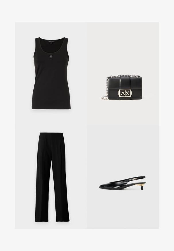 Zwarte tanktop van gladde, rekbare stof. Heeft een ronde halslijn en een klein logo-opdruk aan de voorkant. Eenvoudig, aangesloten ontwerp.; Zwarte wijde broeken van gladde stof, met een platte tailleband en voorplooien voor een verfijnde uitstraling. Geen zichtbare hardware of patronen.; Zwarte slingback pump met een spitse neus, glanzende leren afwerking en een kleine hak met een gouden accent. Strak ontwerp met een open achterkant.; Zwarte leren handtas met een quilted ontwerp, zilveren kettinghengsel en een opvallend zilveren "AX" logo aan de voorkant. Compacte rechthoekige vorm.