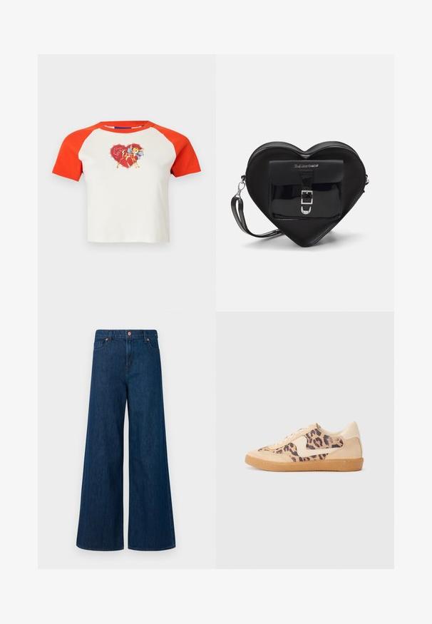Kortærmet, cropped T-shirt med røde raglanærmer. Har et farverigt grafik af en hind med en sløjfe på en hvid baggrund.; Blå, vidde denim jeans med frontlukning med knap, bæltestropper og fem-lommers design på en hvid baggrund.; Leopardprint sneakers med beige ruskindsoverdel, tan gummisål og hvide detaljer. Rund pegefinger og snørebåndsdesign med en tekstureret finish.; Sort hjertetask lavet af patentlæder med en frontlomme, der har en spænde-lukning og en aftagelig rem. Sølv hardware accenter.