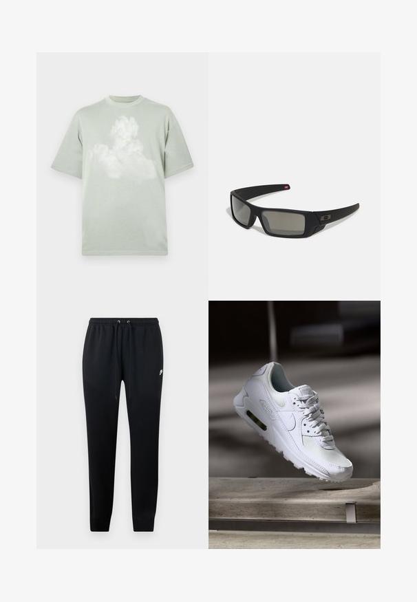 Šviesiai žalia medvilninė marškinėlių su trumpomis rankovėmis, su debesų grafika ir mažu geltonu Nike logotipu priekyje.; Juodos sportinės kelnės, pagamintos iš minkštos medžiagos, su elastingu juosmeniu ir raišteliais, aptemptomis kulkšnėmis ir nedideliu logotipo akcentu šone.; Baltos Nike Air Max 90 sportbačiai su.comi ir odos viršumi, perforuota pirštų dėžute ir matomu oro pagalvėle kulne.; Juodi akiniai saulės su matinio paviršiaus užbaigimu, stačiakampiai lęšiai, švelnus lenkimas ant šventyklų, subtilus logotipo detalizavimas ir dūminiai lęšiai.