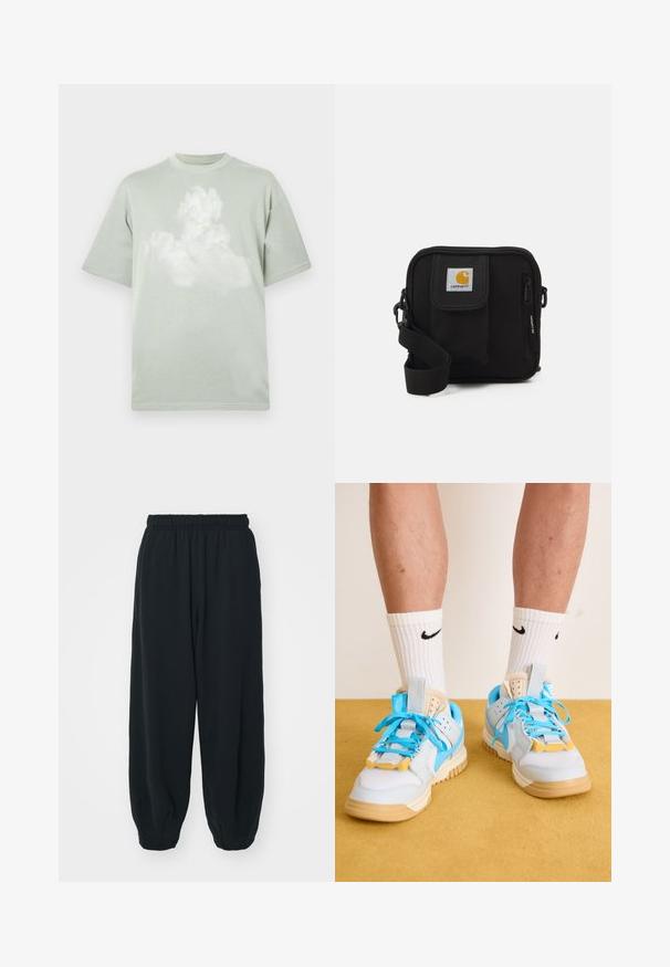 Svijetlozelena pamučna majica s kratkim rukavima, na kojoj se nalazi grafika oblaka i mali žuti Nike logotip sprijeda.; Črne, elastične hlače za prosti čas z ohlapnim krojem, manšetami na gležnjih, gladko teksturo in brez vidnih vzorcev ali dodatkov.; Svetlo modri športni copati s bež podplati, ki se ponašajo z izrazitimi turkiznimi vezalkami in rumenimi poudarki. Teksturne materiale in vidno zračno blaženje.; Črna torba čez ramo z zadrgo v glavni preddverju, sprednjim žepom, nastavljivim trakom in vidno oznako na pokrovu.