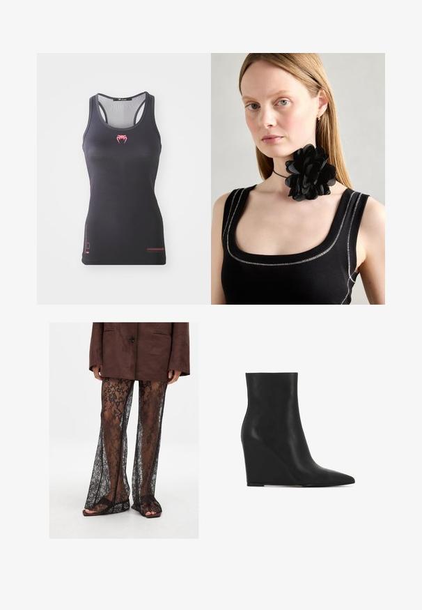 Melna bez piedurknēm blūze ar pieguļošu dizainu, uz kuras ir rozā logo un teksturēti akcenti uz krūšu daļas. Gluda auduma un racerback stils.; Melnās mežģīņu platas bikses ar ziedu rakstu, caurspīdīgu tekstūru un platu kāju atverēm, kas saskaņotas ar brūnām slīdēšanas sandalēm.; Melnas šķautnītes anklas zābaki, kas izgatavoti no teksturētas ādas; iekļauj norādītu purngalu un gludu, elegantu dizainu ar kontūrveida siluetu.; Melnā ziedu kaklarota, kas izgatavota no kārtainām ziedlapām, valkāta kopā ar melnu ribotu topu ar sudraba akcentiem apkakles un plecu daļā.