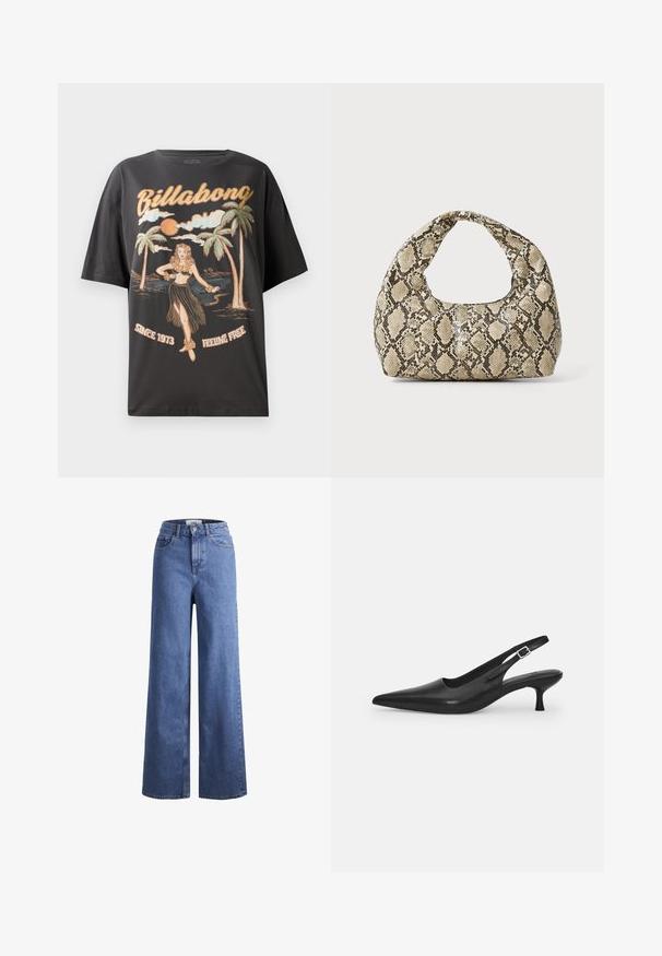 Svart bomull T-skjorte med et fargerikt grafisk trykk av en hula-danser, palmer og teksten "Billabong" i fet skrift.; Lyseblå denim vide benbukser med høy midje, to frontlommer og synlig søm. Har knapp- og glidelås-lukking.; Svart lær slingback sko med spiss tå og smal, buet hæl. Har en diskret justerbar rem med en metallspenne.; Veske med slangeskinnmønster og krummet håndtak. Laget av teksturerte, beige og brune materialer, med et særegent diamantmønster.