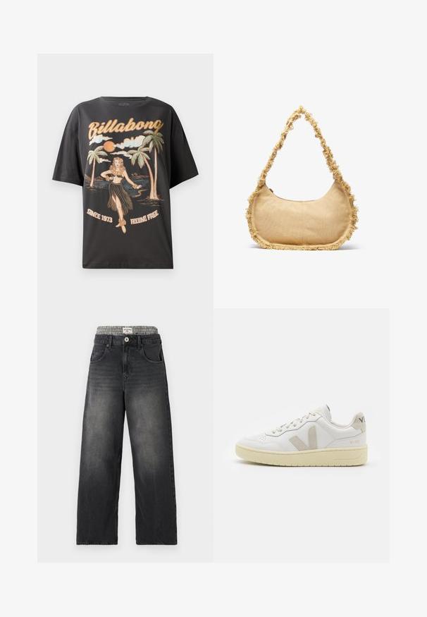 Musta puuvillane T-särk, millel on värvikas graafika hula-tantsijast, palmipuudest ja tekst "Billabong" julgete tähtedega.; Mustad denimist laiad püksid, millel on kassi-loomakaubaga vöökoht. Omadused hõlmavad eespool taskuid ja nuppleclosingut. Kulunud tekstuur.; Valge nahast tenniseking, millel on beežist siidist aktsent ja aukudega varvas, lame paelad ja tekstureeritud koorevärvi tallad. Omab nüansirikast brändimist kannal.; Tekstuuriga beez kott, ümar kuju, narmastega ääred ja lühike rihm kaasas kandmiseks. Ülemine lukuga ava.