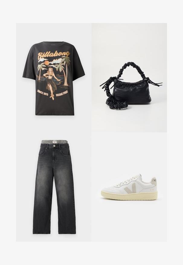 Melnas kokvilnas T-krekls ar krāsainu grafiku, kurā attēlots hula dejotājs, palmas un vārdi "Billabong" treknā fontā.; Melna džinsa platā kāja ar houndstooth raksta jostasvietu. Īpašības ietver priekšējās kabatas un pogu aizdari. Iezīmēta ar nolietotu tekstūru.; Baltas ādas sporta apavu pāris ar bēšiem zamša akcentiem, caurumiņu purngalā, plakanu šņorēšanu un teksturētu krēmkrāsas zoli. Iezīmējas ar diskrētu zīmolu uz papēža.; Melnā mākslīgās ādas rokassoma ar krokodila rakstu, savilkta augšdaļa un saburzīta siksna. Izskatās mīksta un kompakta pēc dizaina.