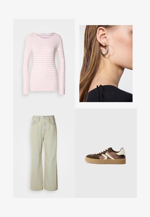 Langermet stripet topp i lys rosa og hvit, med rund hals og en tettsittende design laget av mykt, elastisk stoff.; Lyseblå vide jeans laget av denim, med høy midje, fem lommer og subtil falming med kontraststing.; Brune og kremfargede joggesko i en kombinasjon av semsket lær og satengmaterialer, med tre skrå striper og en teksturert gummisåle.; Sølv ringøredob med en polert finish, med små gull detaljer og en rund form, båret på øreflippen.