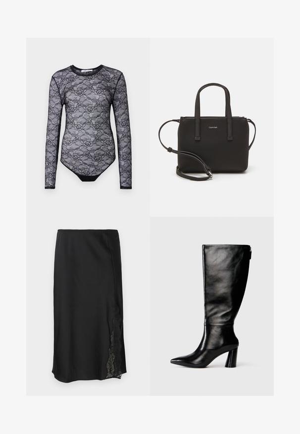 Black lace bodysuit with long sleeves, floral pattern, round neck, and a solid black bottom section. Sheer texture and slim fit design.; Black satin skirt with a smooth texture, featuring a lace accent on one side and a straight hem. Elastic waist for flexible fit.; Knee-high black leather boot with a pointed toe, smooth texture, and a chunky heel. Features a zipper detail at the back.; Black handbag with dual short handles and a removable shoulder strap. Smooth leather-like material with a zip closure and logo detail.