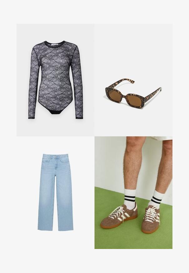 Body in pizzo nero con maniche lunghe, motivo floreale, collo rotondo e una sezione inferiore nera uniforme. Texture trasparente e design aderente.; Jeans a gamba larga di un bel blu chiaro, realizzati in denim, con vita alta, taglio dritto e design a cinque tasche con orlo pulito.; Sneaker in suede marrone con dettagli e lacci bianchi. Suola in gomma color gomma. Indossati con calzini bianchi con righe nere. Pavimento verde texturizzato.; Occhiali da sole in tartaruga con una montatura rotonda e voluminosa e lenti marroni. Presentano delicati motivi e bracci dritti e affusolati.; Zign LEATHER - Shopping bag - light brown