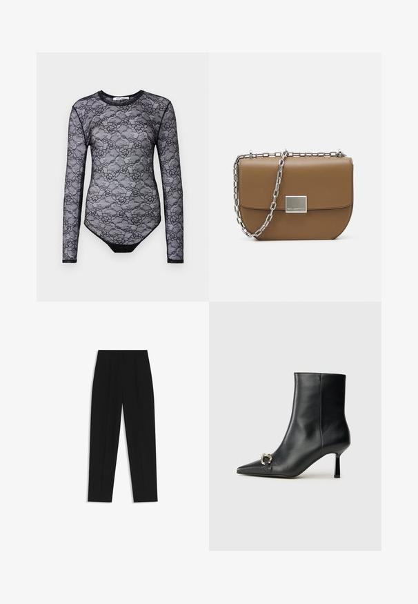 Schwarzer Spitzen-Body mit langen Ärmeln, floralem Muster, Rundhalsausschnitt und einem einfarbigen schwarzen unteren Bereich. Transparenter Stoff und schlanker Schnitt.; Schwarze Hose mit geradem Schnitt, doppelten Falten, einer glatten Textur und einem klassischen Bunddesign. Keine sichtbaren Beschläge oder Akzente.; Schwarze Leder-Stiefelette mit spitzer Zehe, schlankem, mittelhohem Absatz und silberner Schnalle seitlich vor einem schlichten Hintergrund.; Braune Leder-Crossbody-Tasche mit gewölbter Form, silberner Kettenriemen und quadratischem metallischem Verschlussdetail auf der Vorderseite.
