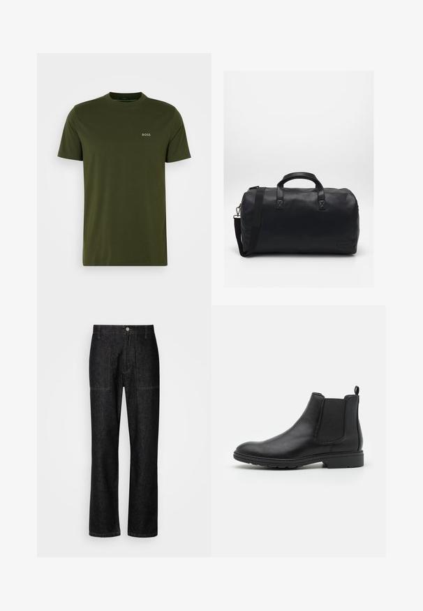 T-shirt de manga curta em verde-oliva com gola redonda e pequeno logotipo em contraste "BOSS" no peito. Feito de tecido de algodão suave.; Calças de ganga pretas com perna reta, costuras visíveis e fecho de botão à frente. Inclui dois bolsos laterais e dois bolsos traseiros.; Botim Chelsea em couro preto com painéis laterais elásticos e uma alça, apresentando um bico arredondado e sola de borracha texturizada.; Mala de duffel preta feita de material sintético texturizado. Apresenta duas alças e uma correia de ombro ajustável. Design simples sem padrões visíveis.; Conjunto de cinco anéis metálicos em várias larguras, com acabamentos lisos, polidos e escovados; as cores variam do prateado brilhante ao fosco.