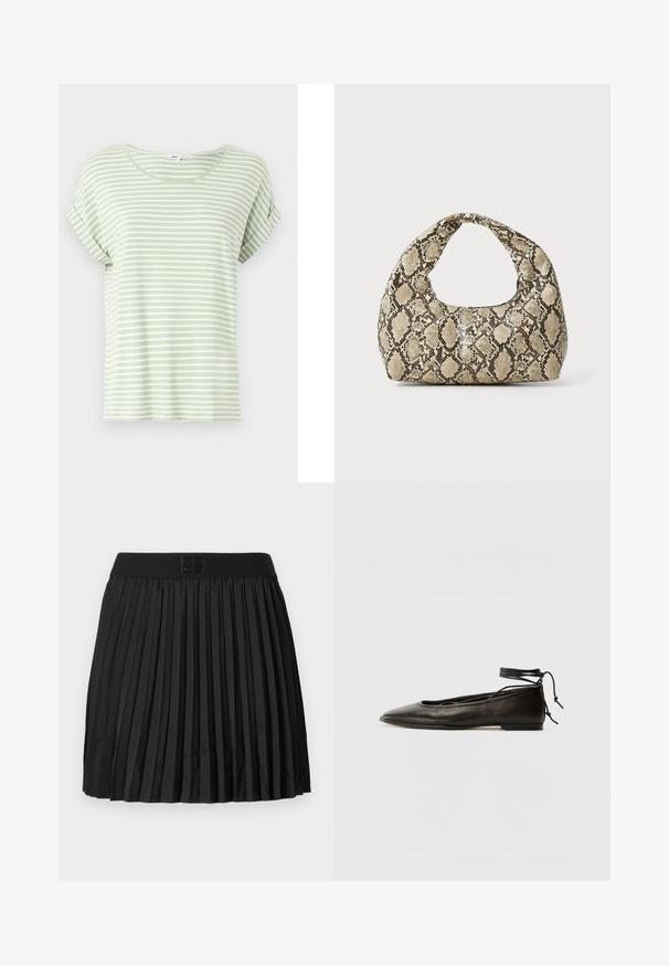 Svetlozeleni črtasti majica iz mehke tkanine, z okroglim izrezom in zavihanimi kratkimi rokavi, s horizontalnimi belimi črtami.; Črna nagubana krila z gladko teksturo, ki ima trden črn pas in odtisnjen logotip na sprednji strani.; Črne usnjene baletne čevlje s koničastim nosom, vezi okrog gležnja in ravnim podplatom, ki se ponašajo z gladko teksturo in minimalističnim dizajnom.; Torba z vzorom kače s ukrivljenim ročajem. Narejena iz teksturiranih, bež in rjavih materialov, ki imajo značilen diamante vzorec.
