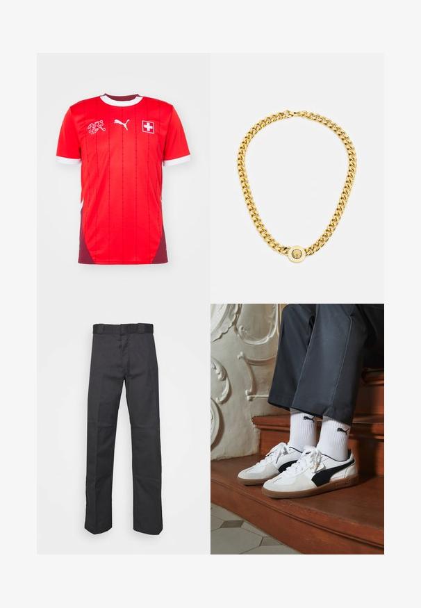 Sarkanais futbola krekls ar baltām akcentēm, ar apaļu kaklu, vertikālām svītrām, Puma logotipu un Šveices karoga simbolu. Īsas piedurknes; elpojoša auduma.; Melnas bikses, izgatavotas no izturīga auduma, ar taisnu kāju dizainu, jostu ar cilpiņām un šuvēm papildu tekstūrai.; Puma kedas baltā un melnā zamšā, ar brūnu gumijas zoli. Pāris ar baltām zeķēm, kurās redzams melns logo, nēsātas ar tumšām biksēm.; Zelta ķēdes kaklarota ar lielām savstarpēji savienotām saitēm, centrā ar apaļu piekari, kurā ir izcelts emblema.