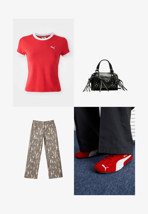 Rød bomulds t-shirt med hvidt halsudskæring og ærme accenter. Har et lille hvidt Puma-logo på venstre brystområde. Blød tekstur, tætsiddende design.; Bredde bukser i jeans med grå, beige og brun camouflagemønster, forlommer, bæltestropper og knaplukning.; Røde ruskindsnikers med hvide accenter, der har struktureret materiale, rund tå og et guld logo på siden, båret med sorte bukser.; Sort læderhandtaske med flettede håndtag, tekstureret overflade, lynlåslomme foran og dekorative frynse-accenter. Kompakt og struktureret form.