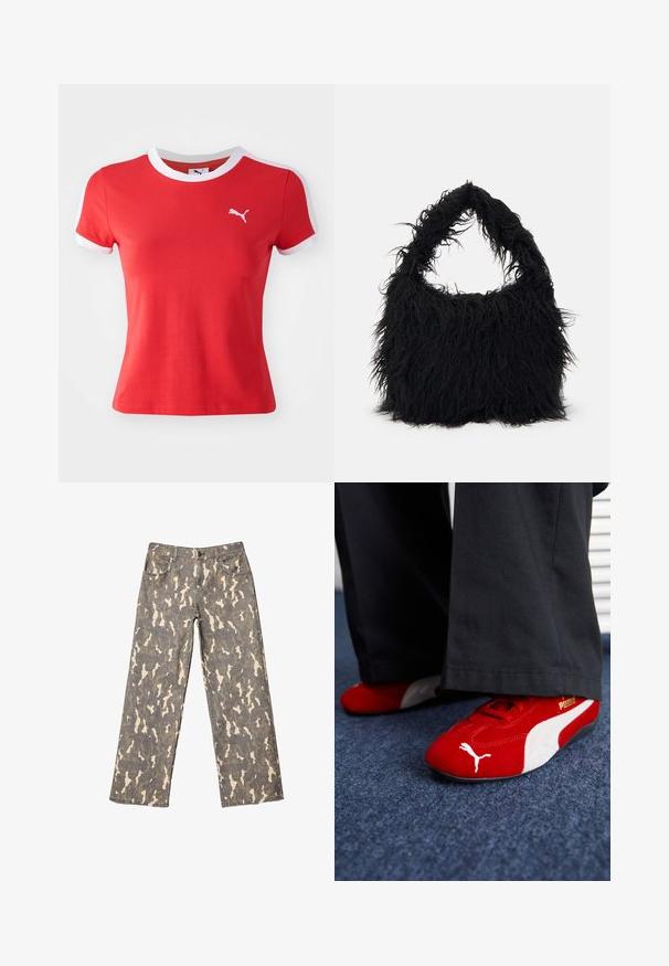 Červené bavlněné tričko s bílým okrajem krku a rukávů. Na levé části hrudi se nachází malé bílé logo Puma. Měkká textura, přiléhavý střih.; Džínsy s širokými nohavicemi v šedém, béžovém a hnědém maskáčovém vzoru, přední kapsy, poutka na pásek a zapínání na knoflík.; Červené semišové tenisky s bílými detaily, mají texturovaný materiál, kulatou špičku a zlaté logo na boku, nošené s černými kalhotami.; Even&Odd Velká kabelka - black