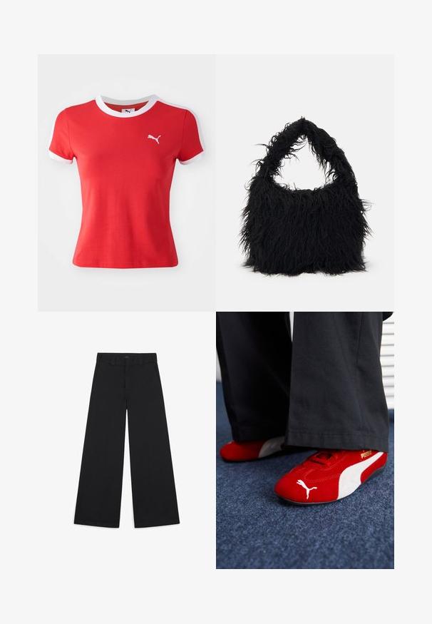 Punainen puuvillapaita, jossa on valkoinen kaula-aukko ja hihojen yksityiskohdat. Paita on varustettu pienellä valkoisella Puma-logolla vasemmassa rintakohdassa. Pehmeä kangas, muotoiltu malli.; Leveled black pants made of a soft, woven fabric. They come with pressed creases, belt loops, and a neat, tailored finish.; Punaiset mokkapohjaiset lenkkarit valkoisilla yksityiskohdilla, joissa on tekstuurinen materiaali, pyöreä kärki ja kultainen logo sivussa, yhdistetty mustiin housuihin.; Even&Odd Shopping bag - black