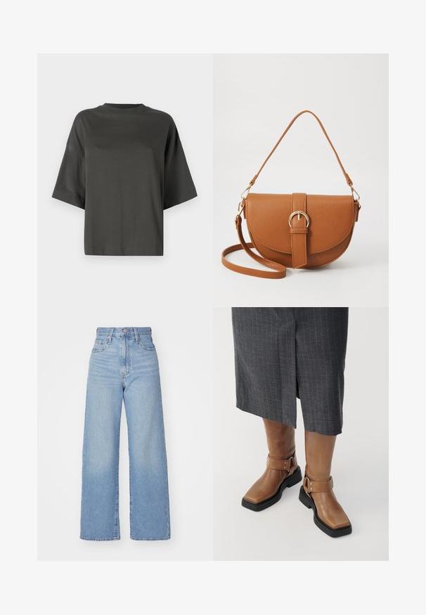 Short-sleeve, dark gray t-shirt made of soft cotton. Features a round neckline and loose fit with dropped shoulders for comfort.; Light blue high-waist wide-leg jeans with front button and zip closure, front and back pockets, on a white background.; Brown leather knee-high boots with a square toe, black rubber sole, and adjustable buckle strap detail. Worn with a gray pinstripe skirt.; Brown leather crossbody bag with a curved shape, gold hardware, and a buckle accent. Features a detachable shoulder strap.