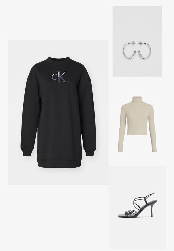Svetlo béžový rebrovaný rolák s dlhým rukávom a priliehavým strihom, s vysokým golierom. Obsahuje decentnú logovú nášivku na leme. Hladká textúra.; Čierna mikina vyrobená z mäkkého materiálu, s okrúhlym výstrihom, nadmerným strihom a vyšívaným logom "CK" v sivej a bielej farbe na prednej strane.; Čierne sandále na vysokom podpätku majú tenké remienky s uzlovým dizajnom, hladký štvorcový špičku a elegantný stiletto podpätok.; Svetlošedá metalická kabelka s reťazovým popruhom, ozdobená malými kruhovými kovovými štítkami a trojuholníkovým logom značky.; Strieborné kruhové náušnice s hladkým, lesklým povrchom, majú zakrivený tvar a zapínanie na puzetu. Minimalistický dizajn s moderným vzhľadom.