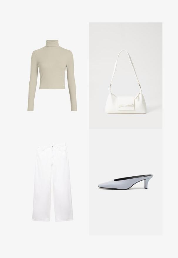 Svetlo bež rebrast turtleneck dolg rokav top z oprijetim dizajnom in visokim ovratnikom. Ima subtilno oznako logotipa na robu. Gladka tekstura.; Bele široke kavbojke iz denima z gladko teksturo. Imajo gumb in zadrgo ter dva sprednja in dva zadnja žepa.; Svetlo modre lakirane mule s poudarjenim nosom, nizkim prozornim petam in elegantnim dizajnom z izrezom na sprednjem delu.; Bela sintetična torbica v obliki trikotnika, z ravnim sprednjim poklopcem in detajlom mašne, nastavljivim trakom, gladko teksturo in minimalističnim dizajnom.