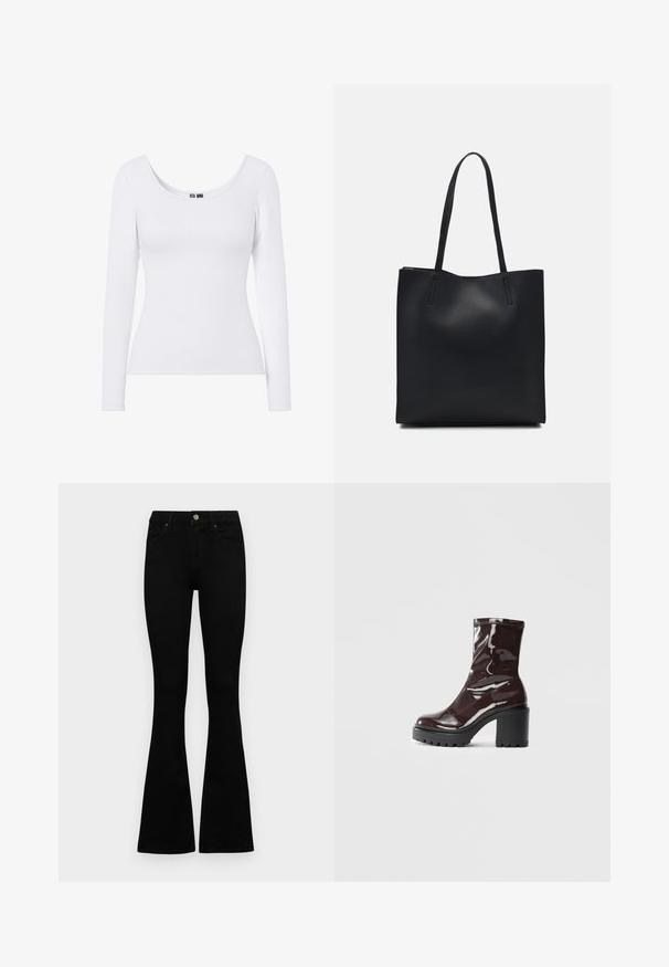 Valkoinen pitkähihaistoppi, jossa on scoop-kaula-aukko ja ribbitekstuuri, suunniteltu istumaan tiukasti. Ei kuvioita tai yksityiskohtia.; Mustat korkeavyötäröiset farkut nappi- ja vetskariyläosalla, etutaskuilla ja levenevillä lahkeilla, asetettuna tasaisesti valkoista taustaa vasten.; Satea bordeaux berwarna mengkilap dengan tumit hitam tebal, menampilkan tekstur halus dan desain sederhana. Tanpa pengikat atau pola yang terlihat.; Mustapahkainen kangaskassi, jossa on sileä pinta, suorakaiteen muotoinen ja kaksi pitkää kahvaa. Ei näkyvää metalliosaa tai koristeita.