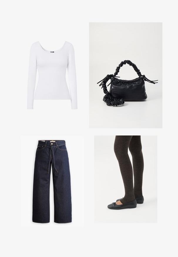 Fehér, hosszú ujjú felső, mély kivágású nyakkivágással és bordázott textúrával, testhez simuló szabással. Nincsenek minták vagy díszítések.; Széles lábú, sötétkék farmernadrág magas derékkal, húzózsinórral, öt zsebbel és kontrasztos varrással.; Fekete lapos cipők kis masni díszítéssel az orrán, sötétbarna bordázott harisnyával párosítva. A cipők sima textúrával és alacsony profilúak.; Fekete műbőr kézi táska krokodil bőr textúrával, összehúzható tetejű és gyűrt pánttal. Lágy és kompakt dizájnúnak tűnik.