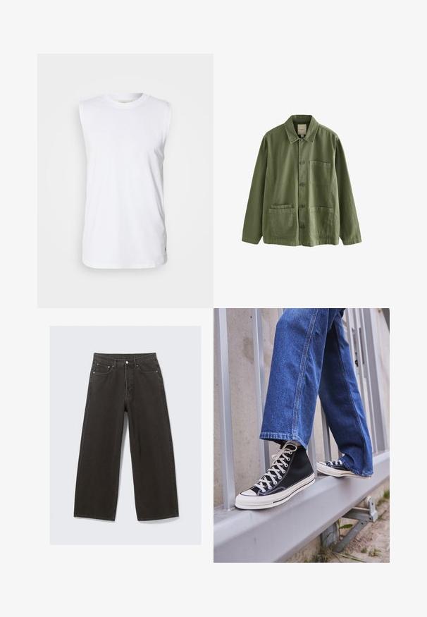 Valkoinen, hihaton puuvillapaita, jossa on pyöreä pääntie ja huomaamaton kudottu etiketti helmaosassa. Sujuva pinta, löysä istuvuus ja yksinkertainen muotoilu.; Vihreä oliivi takki, joka on valmistettu puuvillasta, napitus edessä, terävä kaulus ja neljä taskua. Ominaisuuksiin kuuluu rento mitoitus ja pehmeä tekstuuri.; Mustat leveälahkeiset farkut, joissa on korkea vyötärö, viisi taskua ja napitus. Kankaan pinta on pehmeä ja teksturoidun tuntuinen.; Mustat high-top tennarit valkoisella pohjalla ja nauhoilla, yhdistettynä väljään sinisiin farkkuihin, lepäävät harmaalla kaiteella.