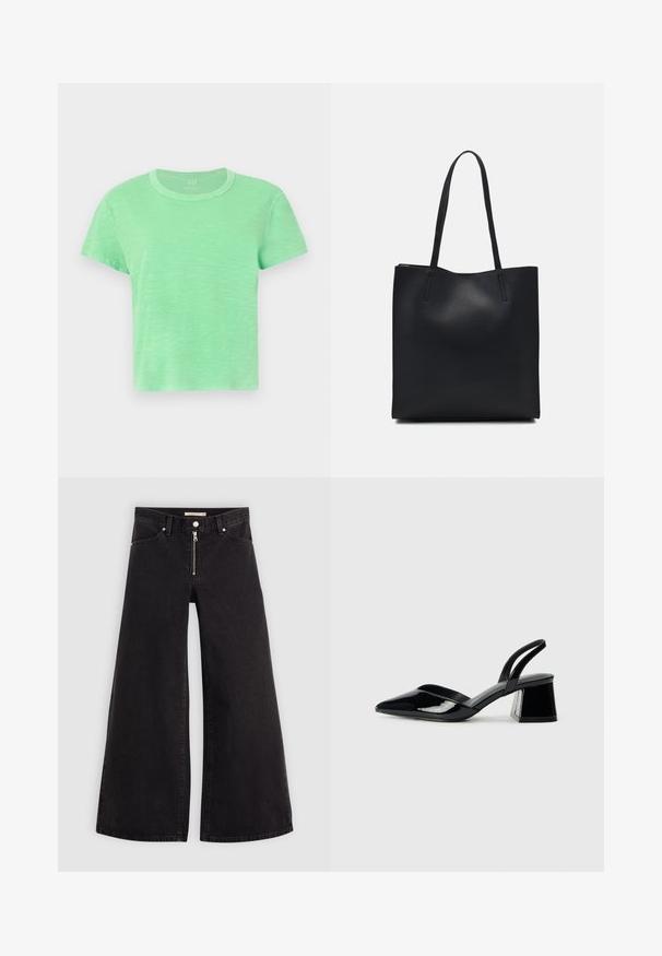 Majica kratkih rukava od svijetlozelene pamučne tkanine s okruglim izrezom i malo opuštenim krojem, s teksturiranom, melange završnom obradom.; Široke traperice od crnog denima s prednjim zatvaračem, dizajnom s pet džepova i suptilnim detaljima šivanja. Glatka tekstura i ležeran stil.; Crne lakirane kožne sandale s otvorenom petom i špicastim vrhom, s geometrijskom blok petom. Imaju elegantan, minimalistički dizajn i glatku teksturu.; Crna kožna torba za nošenje s glatkom teksturom, pravokutnim oblikom i dvije duge ručke. Nema vidljivih metalnih dijelova ili ukrasa.