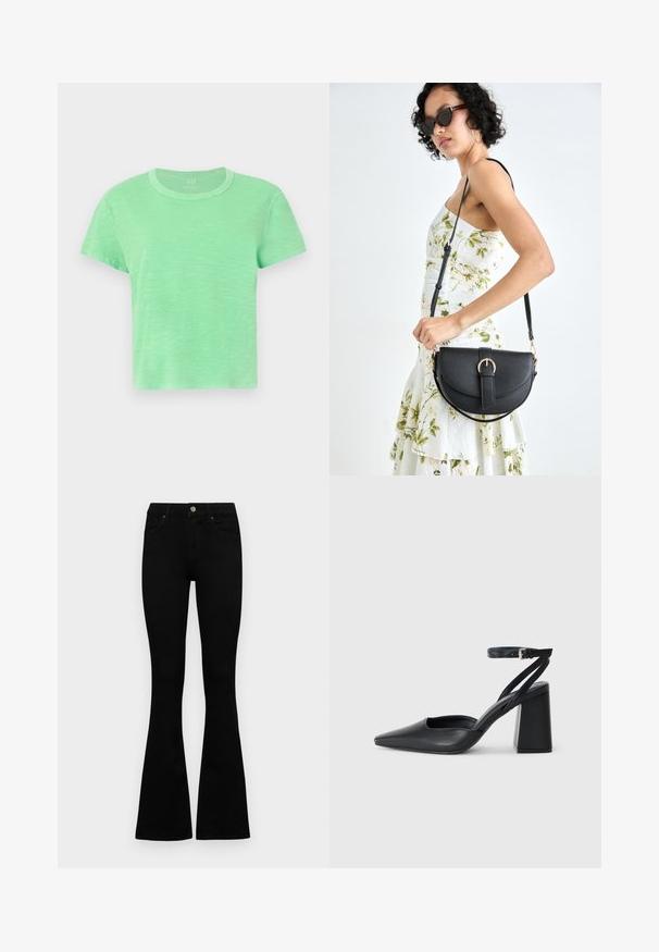 Short-sleeve t-shirt in light green cotton with a crew neckline and a slightly relaxed fit, featuring a textured, heathered finish.; Black high-waist jeans with a button and zip closure, front pockets, and flared legs laid flat on a white background.; Black leather pointy-toe pump with an ankle strap and a chunky heel. Flat texture, sleek design, and minimalistic aesthetics.; Black leather handbag with a curved shape, detachable strap, and gold hardware. The bag features a flap with a buckle detail.