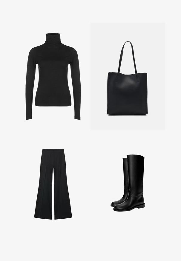 Črna dolgoročinka z visokim ovratnikom, izdelana iz gladkega, raztegljivega materiala. Ima visok ovratnik in prilagojeno silhueto, brez vidnih vzorcev ali akcentov.; Črne široke hlače z gladko teksturo, ki imajo sprednje nabore in kroj po meri. Tkanina je lahka in zračna.; Črne usnjene škornje do kolen z gladko teksturo, zaobljenim prstom, ravnim podplatom in minimalističnim dizajnom, ki vsebuje šivane šive in brez vidne opreme.; Črna usnjena torba s svilnato teksturo, pravokotne oblike in dvema dolgima ročajema. Brez vidnih metalnih delov ali okrasnih elementov.