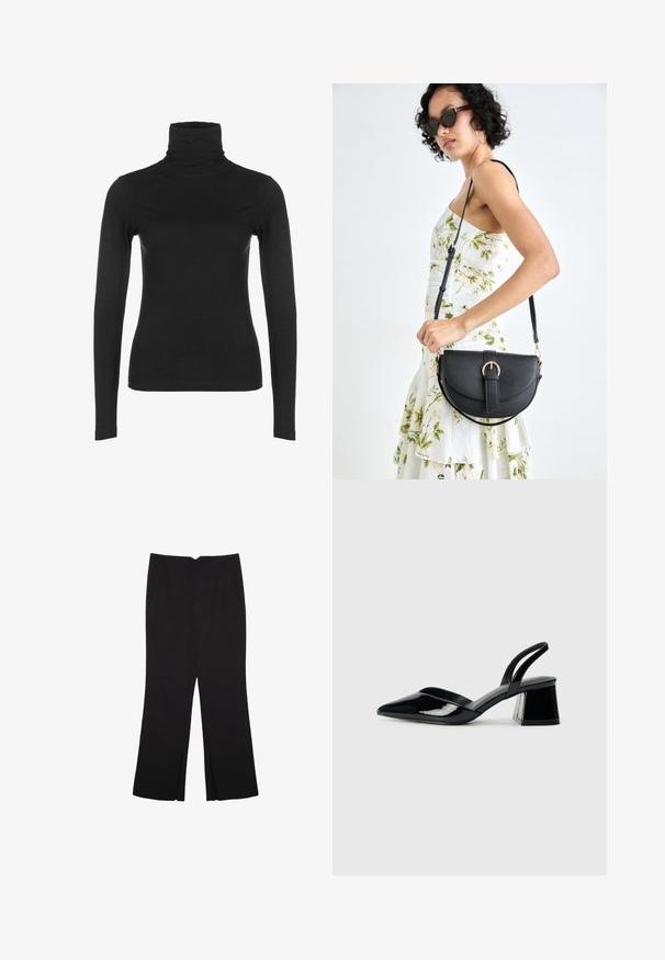Crna majica s dugim rukavima i visokim ovratnikom, izrađena od glatkog, rastezljivog materijala. Ima visoki ovratnik i prilagođeni oblik, bez vidljivih uzoraka ili detalja.; Crne hlače ravnog kroja, s prednjim džepovima i bočnim prorezima na rubu. Izrađene od mekog i glatkog materijala. Pogodne za razne prigode.; Crne lakirane kožne sandale s otvorenom petom i špicastim vrhom, s geometrijskom blok petom. Imaju elegantan, minimalistički dizajn i glatku teksturu.; Crna kožna torba s lukovitim oblikom, odvojivim remenom i zlatnim detaljima. Torba ima preklop s kopčom.