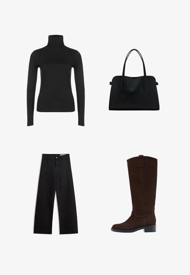 Sort langærmet turtleneck top i glat, strækbart stof. Har en høj krave og tætsiddende silhuet, uden synlige mønstre eller detaljer.; Sorte wide-leg denim bukser med høj talje, der har front- og baglommer, syede sømme og en knaplukning. Glat tekstur.; Brune ruskind over knæ støvler med en rund tå, diskrete syninger og en lav blokhæl; har en pull tab øverst for nem på- og aftagning.; Sort læderhåndtaske med dobbelte skulderremme, rektangulær form og minimalistisk design på en hvid baggrund.