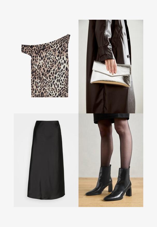 Off-shoulder top in lightweight fabric featuring a leopard print pattern with shades of brown, black, and cream; smooth texture and fitted shape.; Black satin midi skirt with a smooth texture, A-line shape, and a subtle sheen. Features a sleek, uncomplicated design without embellishments.; Black leather ankle boots with a pointed toe, chunky square heel, and sleek design. Features elastic side panels for easy wear.; Silver metallic clutch with an angular envelope design, smooth texture, and contrasting interior color, held in a hand wearing a black coat.