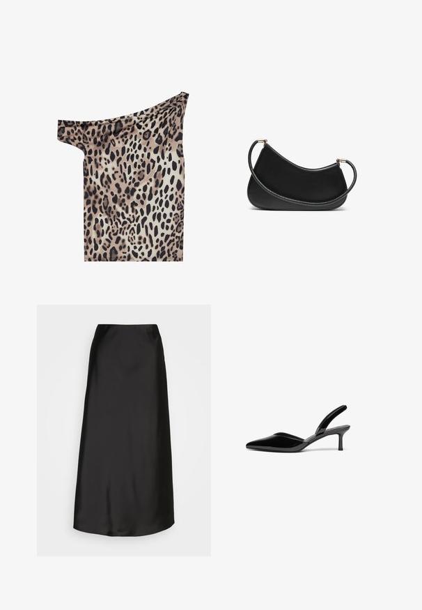 Top decotado em tecido leve, com padrão de estampa de leopardo nas tonalidades de castanho, preto e creme; textura suave e forma ajustada.; Saia midi de cetim preta com uma textura suave, formato A e um brilho subtil. Apresenta um design elegante e descomplicado, sem adornos.; Sapatilhas de salto slingback em couro sintético preto com bico fino, salto stiletto baixo e um design elegante e simples, sem embellishments.; Bolsa de ombro em couro preto com um design curvo, apresentando uma alça texturizada e detalhes em dourado no fecho superior. Acabamento suave.