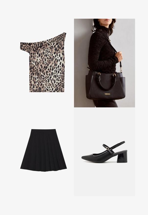 Top bez ramienok vyrobený z ľahkej látky s leopardím vzorom v odtieňoch hnedej, čiernej a krémovej; hladká textúra a priliehajúci strih.; Čierna plisovaná sukňa vyrobená z textúrovanej látky s priliehavým pásom. Padá do dĺžky po kolená a má hladký, čistý siluetu.; Čierne lakované kožené lodičky so slingback dizajnom, špicatou špičkou, zaobleným výrezom a blokovým podpätkom. Obsahuje akcent zlatého tónu s prackou.; Čierna kabelka s textúrovaným povrchom, dvojitými hornými rúčkami a nastaviteľným ramenným popruhom. Obsahuje zlaté kovanie a bočné vrecká.
