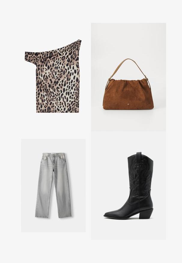 Off-shoulder top in lightweight fabric featuring a leopard print pattern with shades of brown, black, and cream; smooth texture and fitted shape.; Light gray denim jeans with a straight-leg design, featuring two front pockets, a button closure, and subtle fading for texture.; Black leather cowboy boot with pointed toe, embossed swirling patterns, and a mid-height heel. Features a pull tab for easy wear.; Brown suede handbag with a gathered design, featuring a single tan leather strap and a subtle gold logo detail on the front.