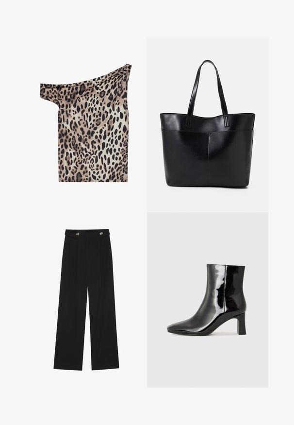 Off-shoulder top in lightweight fabric featuring a leopard print pattern with shades of brown, black, and cream; smooth texture and fitted shape.; Black wide-leg trousers with high waist, button details on waistband, and front pleats.; Black patent leather ankle boot with a pointed toe and a mid-height block heel. Smooth texture and minimalist design.; Black leather tote bag with two long handles, a smooth texture, and a structured shape. Features a front pocket for additional storage.