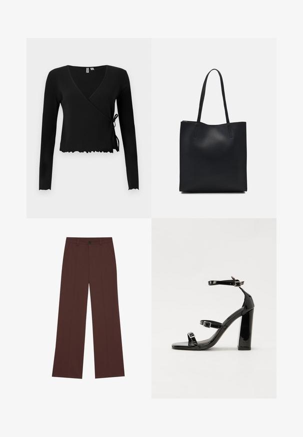 Melnā ribotā ilgajam piedurknēm apvilkuma blūze ar V veida kakla izgriezumu un mezgla detaļu kreisajā pusē. Ievērojamākais ir īsais garums un viļņotā apakšmala.; Platas kājas bikses bagātā brūnā audumā. Iekļauj pogu aizdari, divas priekšējās kabatas, gludu tekstūru un tīras līnijas.; Melnas lakotas augstpapēžu čības ar kvadrāta purngalu, potīšu siksniņām un sudraba sprādzēm. Aprīkotas ar masīvu bloku papēdi stabilitātei.; Melnas ādas somiņa ar gludu tekstūru, taisnstūra formu un divām garām rokturiem. Nav redzamu aparatūras vai rotājumu.