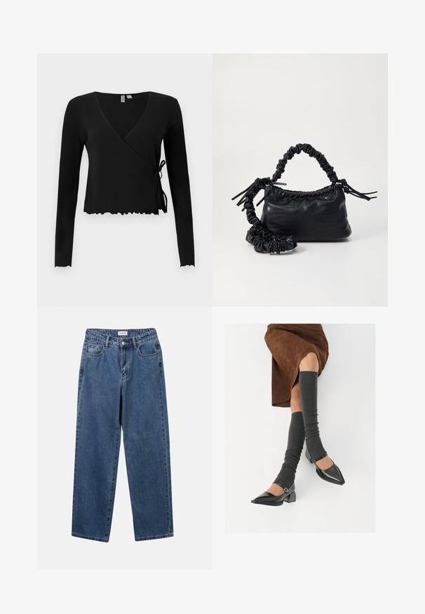 Musta ribattua pitkähihaista kietaisupaitaa, jossa on V-pääntie ja solmittu yksityiskohta vasemmalla puolella. Ominaisuuksiin kuuluu lyhyt malli ja aallotettu helma.; Classiset siniset farkut suoran lahkeen muotoilulla, viidellä taskulla ja napillakaan. Ominaisuudet: keskivahva pesu ja kestävä rakenne.; Musta lakattu nahkakengät teräväkärkisillä, leveällä kantapäällä ja nilkkahihnalla, yhdistettynä harmaisiin ribattuihin säärystimiin ja ruskeaan mokkasiinimekkoon.; Must-have mustekahvi nahkalaukku krokotiiliaistalla, kiristetty yläosa ja rypistetty hihna. Näyttää pehmeältä ja kompaktilta muotoilultaan.