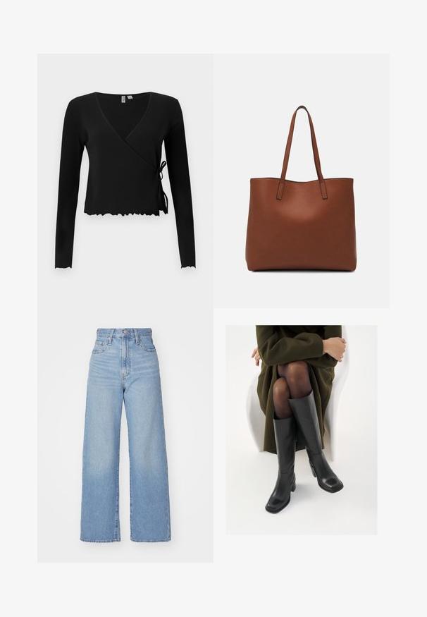 Top longo de manga com textura canelada em preto, com um decote em V e um detalhe de laço nó à esquerda. Apresenta um comprimento cropped e uma bainha rendilhada.; Jean de perna larga azul claro feito de denim. Possui cintura alta, design de cinco bolsos e fechamento por botão. Corte reto com barra limpa.; Botas de couro pretas até ao joelho com biqueira quadrada e salto em bloco, apresentadas com um modelo sentado num casaco verde-azeitona. Textura lisa, com detalhes mínimos.; Bolsa tote de couro castanho com uma textura suave, design de abertura superior e duas alças para o ombro. Apresenta costura mínima e sem hardware visível.