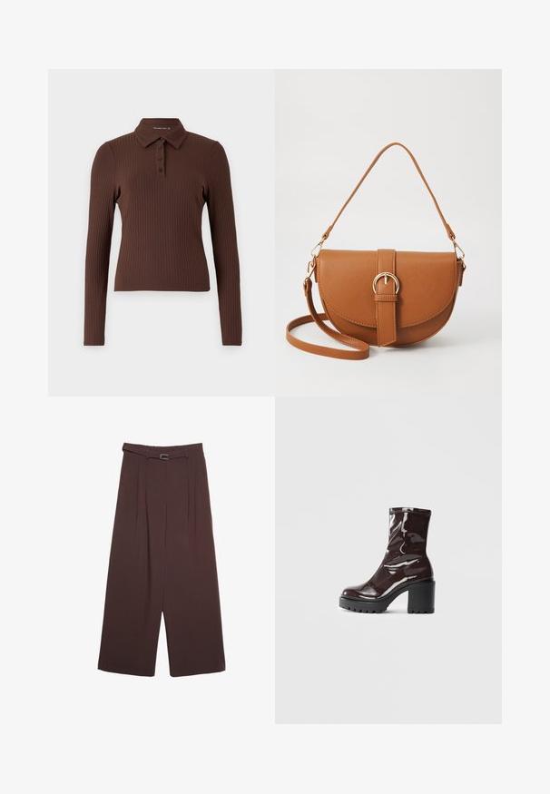 Ruskea ribattu pitkähihainen polo-paita, jossa on kaulus ja kolme nappia. Kankaassa on teksturoitu pinta.; Stradivarius WIDE-LEG WITH BUCKLE DETAIL - Housut - dark brown; Satea bordeaux berwarna mengkilap dengan tumit hitam tebal, menampilkan tekstur halus dan desain sederhana. Tanpa pengikat atau pola yang terlihat.; Ruskean nahkainen olkalaukku, jossa on kaareva muoto, kultaiset yksityiskohdat ja solkiyksityiskohta. Varustettu irrotettavalla olkahihnalla.