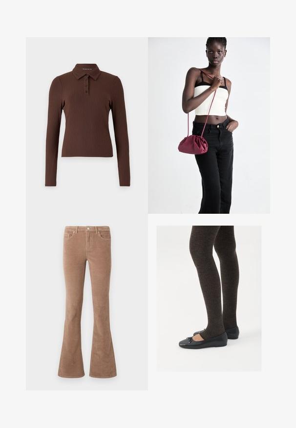 Hnedý rebrovaný polo tričko s dlhým rukávom, ktoré má golier a zapínanie na tri gombíky. Tkanina má textúrovaný povrch.; Hnedé kordové nohavice so zabezpečeným okrajom, ktoré majú textúrovaný povrch, päť vreciek, zapínanie na gombík a pútka na opasok.; Čierne ploché topánky s malou mašľou na špičke, v kombinácii s tmavohnedými rebrovanými pančuchami. Topánky majú hladký povrch a nízky profil.; Burgundský mäkký kabelka z textilu s zhromaždeným dizajnom a dlhým popruhom, nosená cez telo. Model má na sebe biely crop top a čierne džínsy.